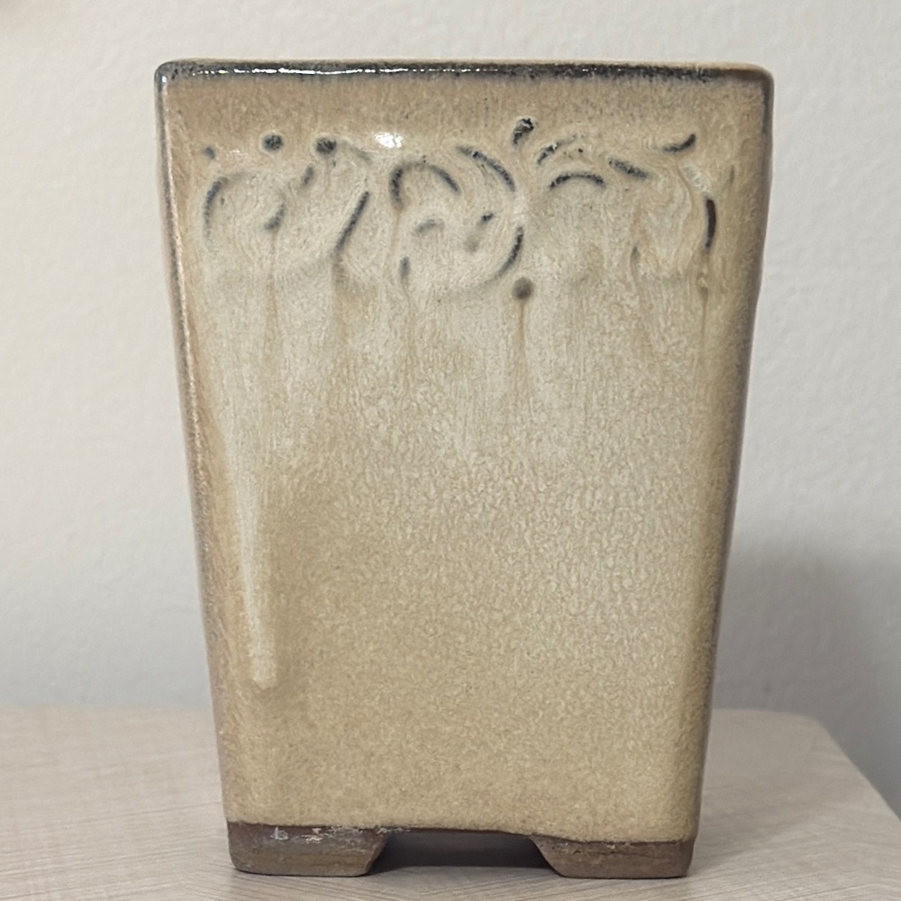 PLANTER DRIP GLAZE 4" SQ BEIGE BROWN CERAMIC TEXTURE DRAIN SUCCULENT FOOTED POT